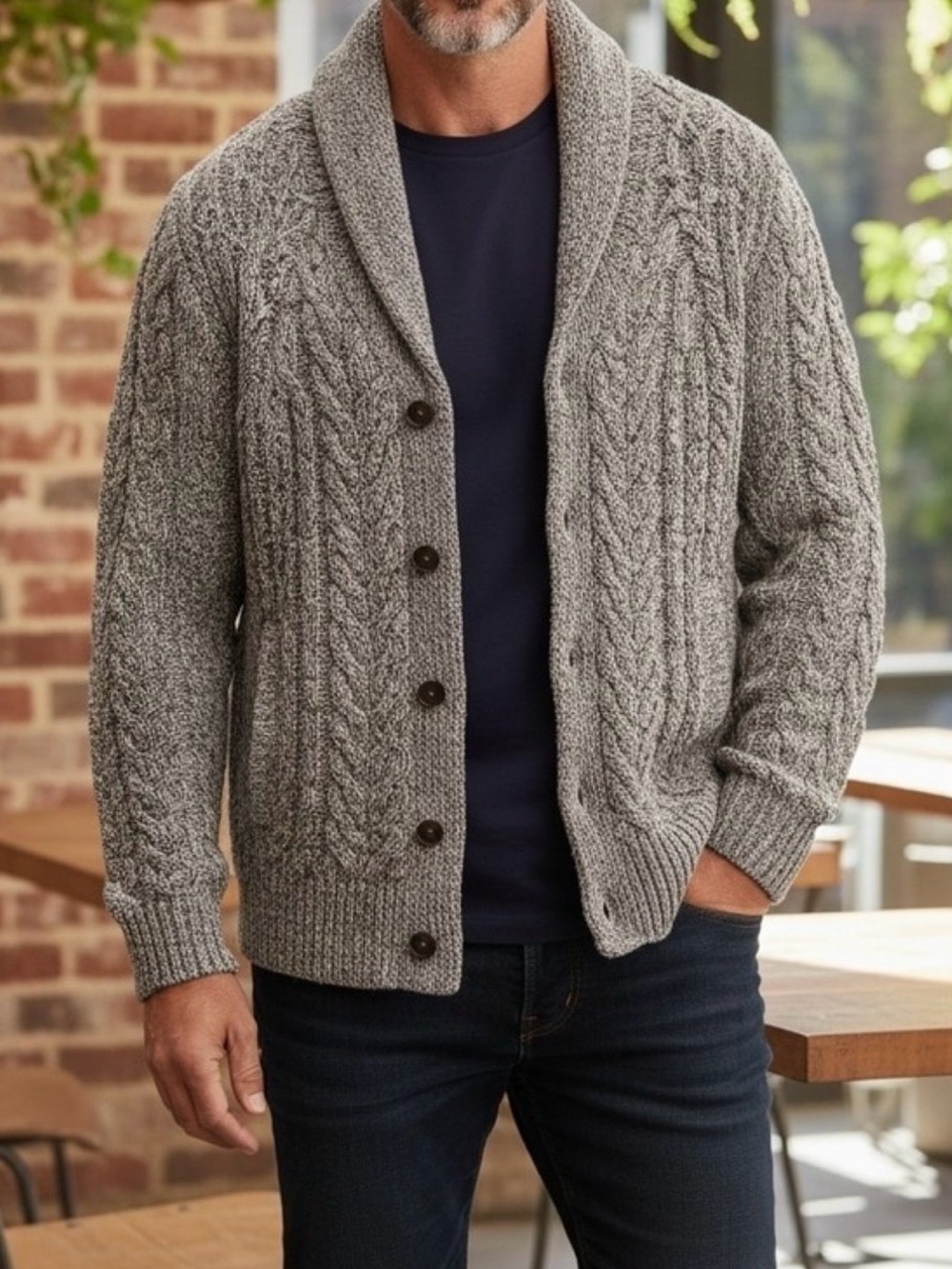 Men’s Banana Republic Shawl Collar Cable Knit Wool Cardigan-Brown Marled BNWT
